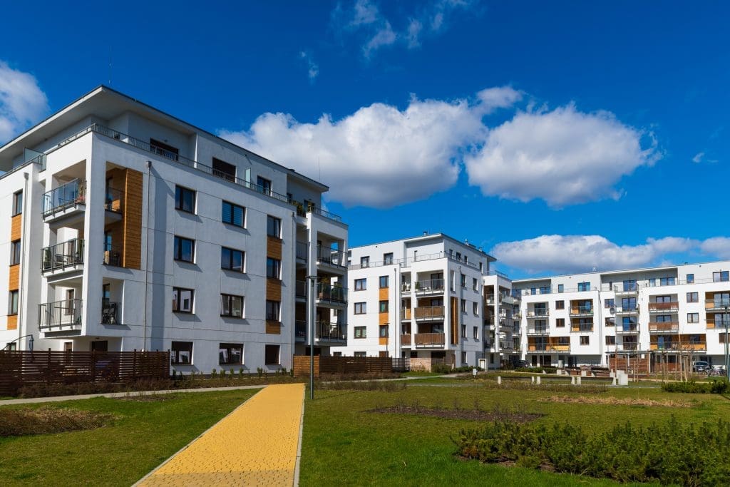 High rise apartments blocks, part of the same development, taken from the courtyard