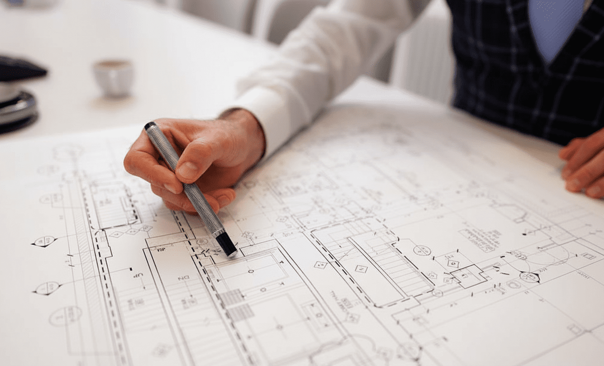 a man examining a blueprint plan of a residential building